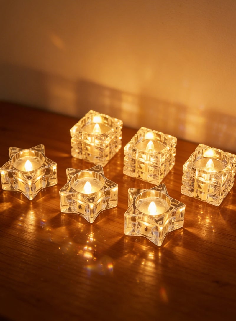 Macaiiroos مجموعة من 6 شموع LED، شموع إلكترونية بدون لهب، تعمل بالبطارية، شموع بدون لهب على شكل نجمة ومكعب. شموع رومانسية بيضاء دافئة، مناسبة لخلق جو احتفالي، مناسبة للمنزل، المنتجعات الصحية، الشمعدانات الداخلية والخارجية، ذكرى الزواج، تزيين طاولات الزفاف، الجنازات، الهالوين، وغيرها، لون أبيض. - Image 2